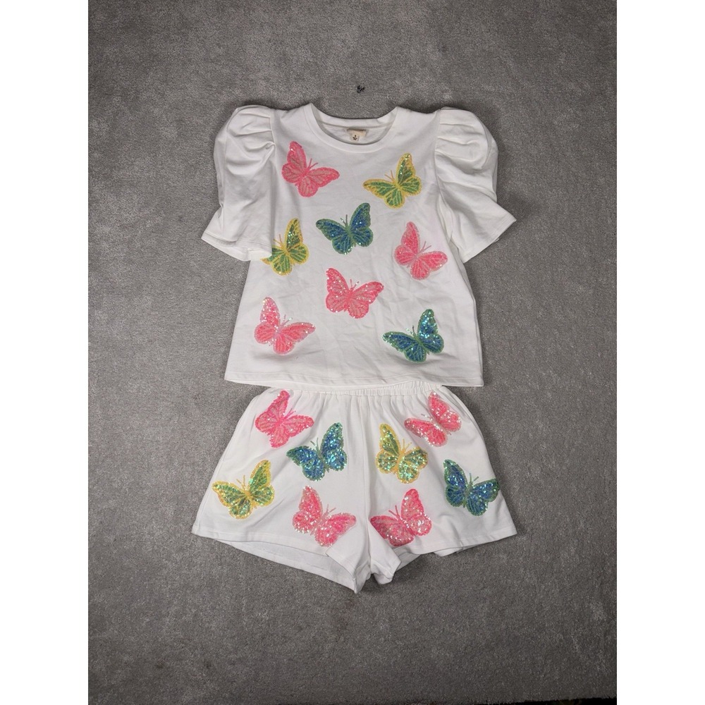 Peach Love Colorful Sequin Butterfly White Puff Sleeve Top Shorts Set S/M Pocket